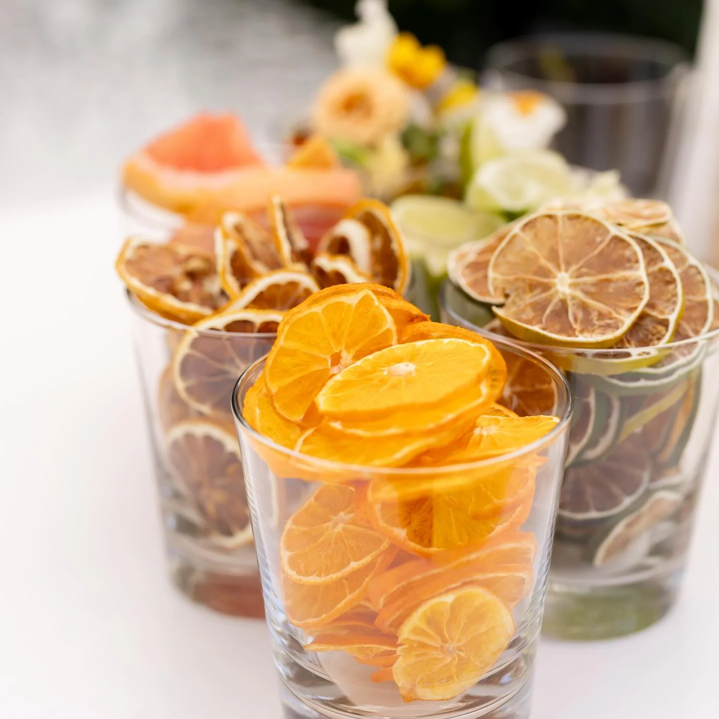 Dried orange, lemon and lime wheels filling rocks glasses, with fresh grapefruit slices and flowers behind