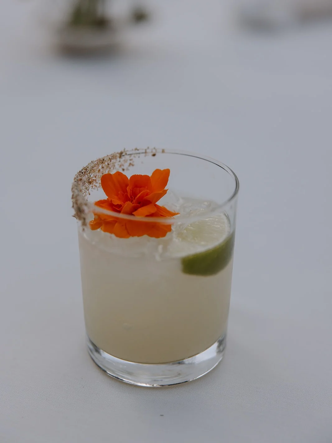 A cocktail in a rocks glass with a spiced rim, garnished with a bright orange edible flower and a lime wheel