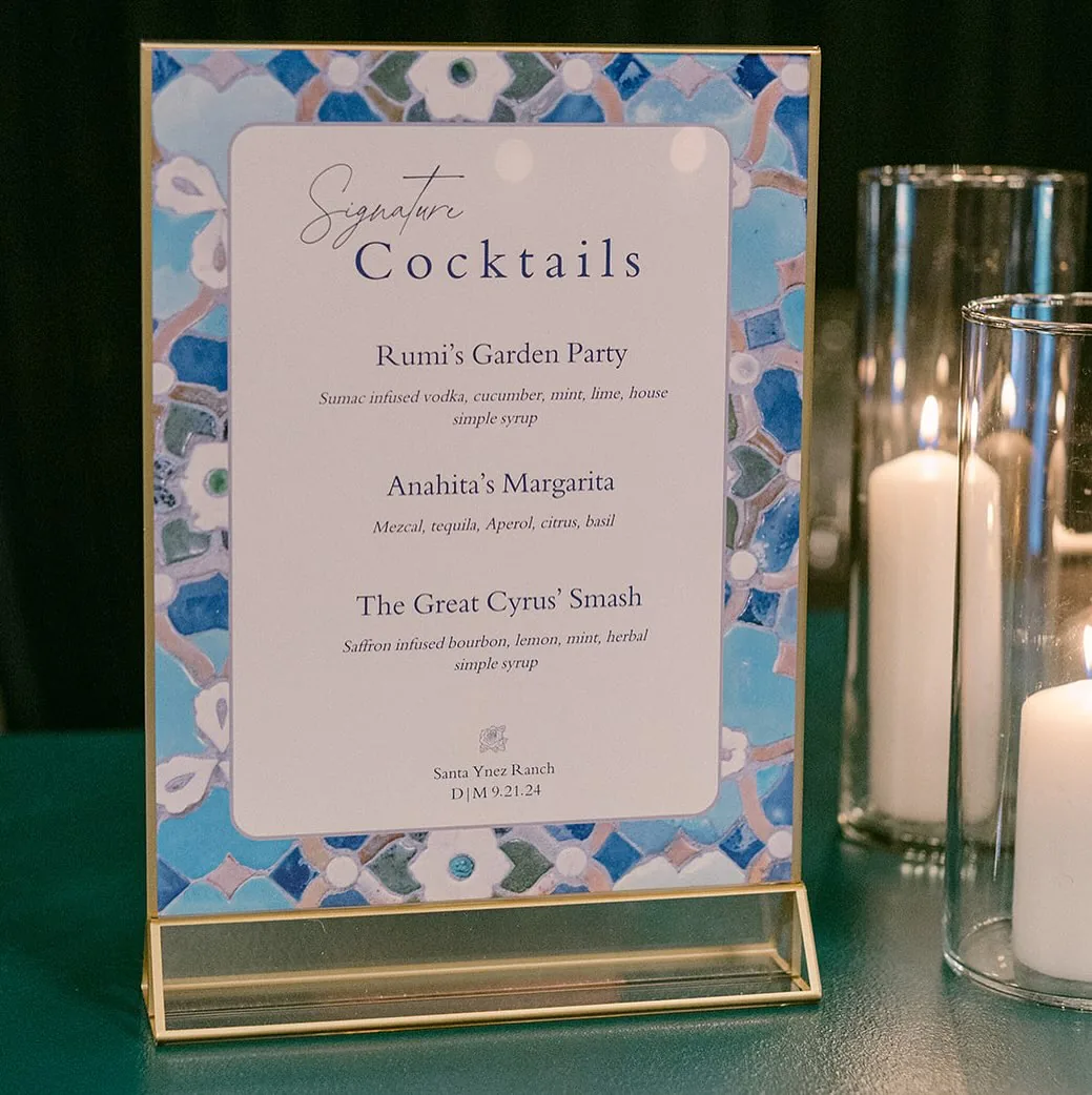 A printed signature-cocktail menu