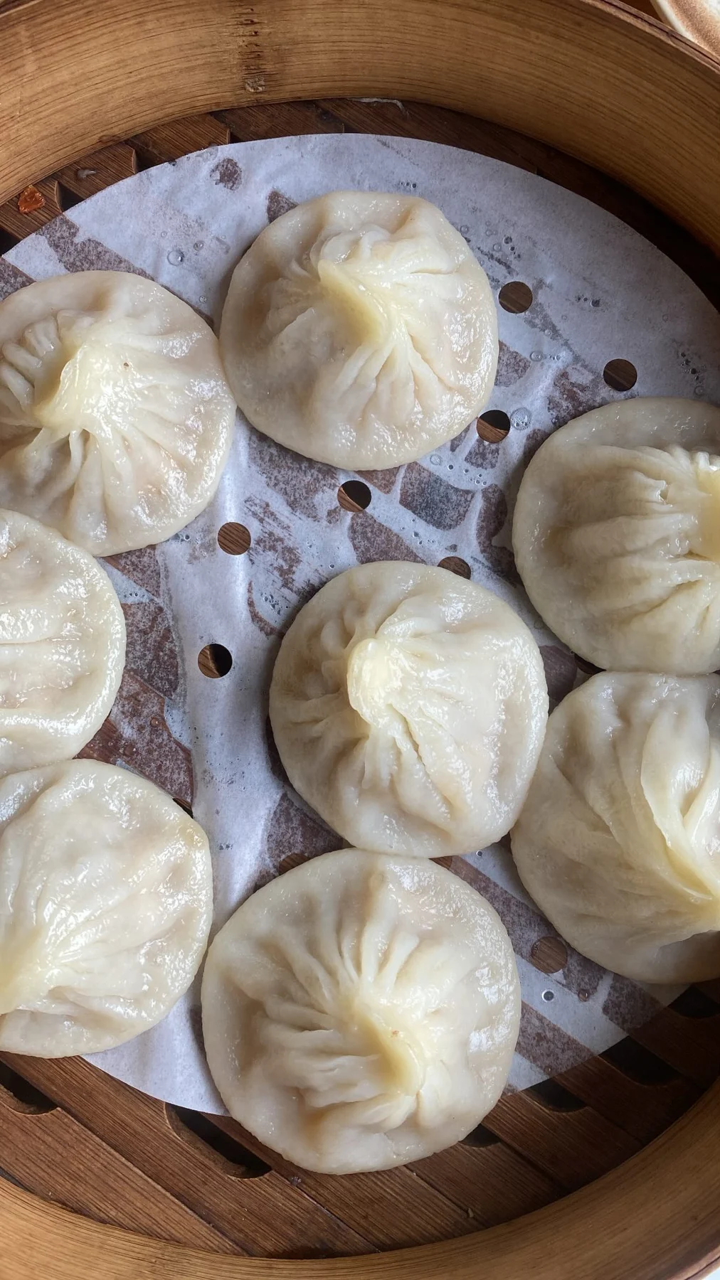 Pleated dumplings in a bamboo steamer basket