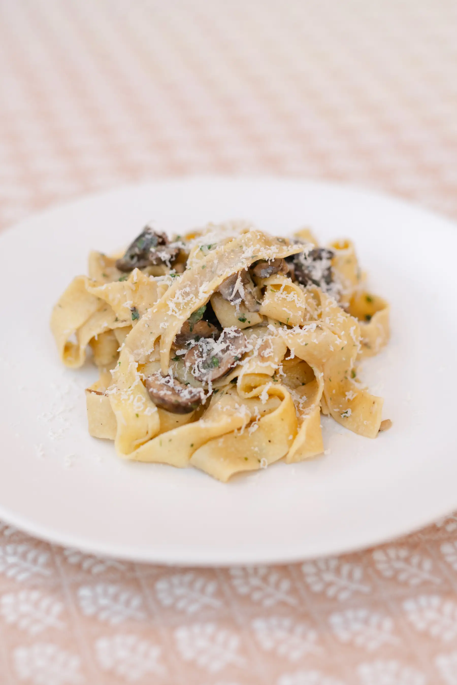 Wild mushroom pappardelle with thyme and grated Parmesan