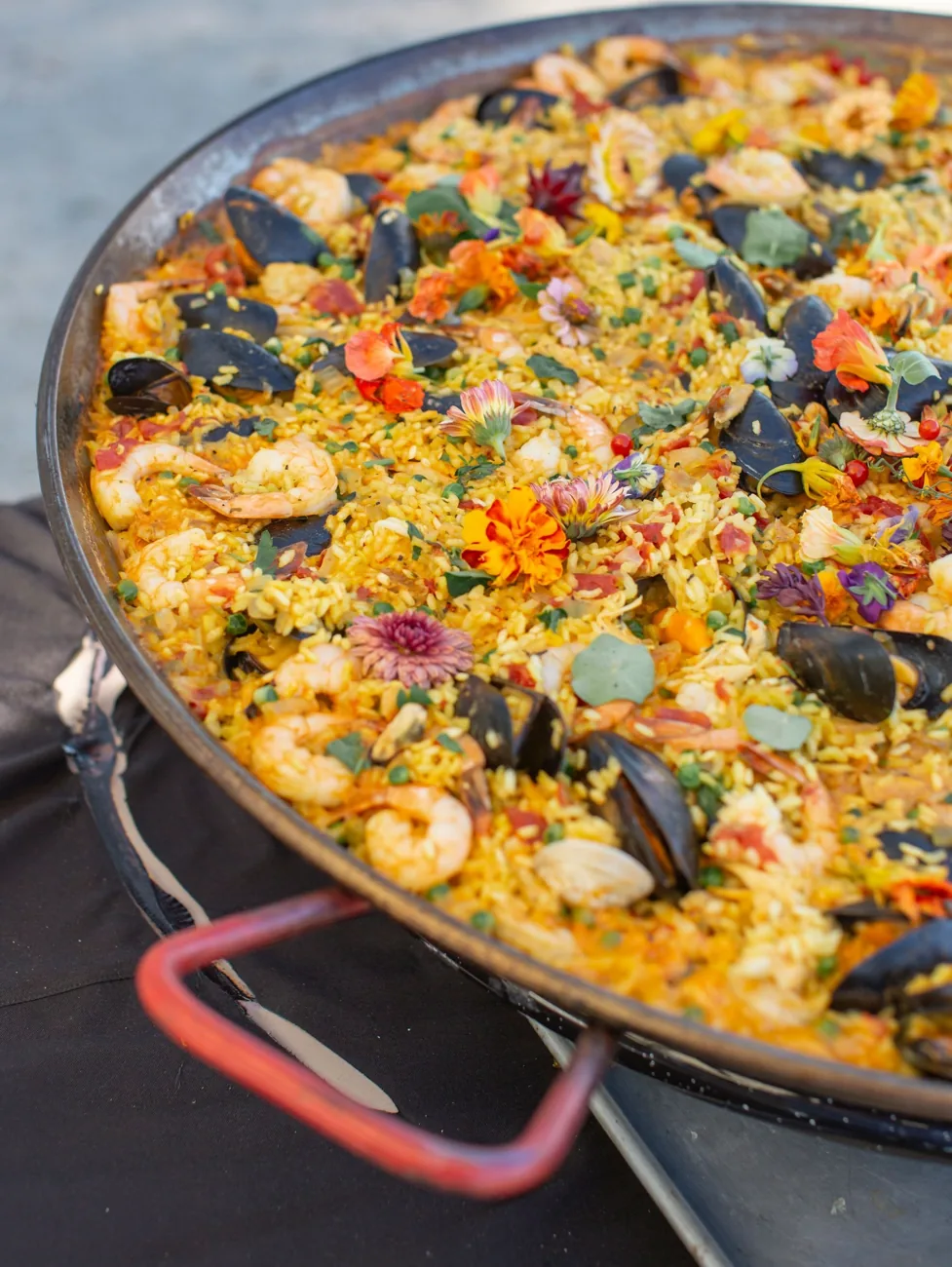 Seafood paella with saffron rice and mussels