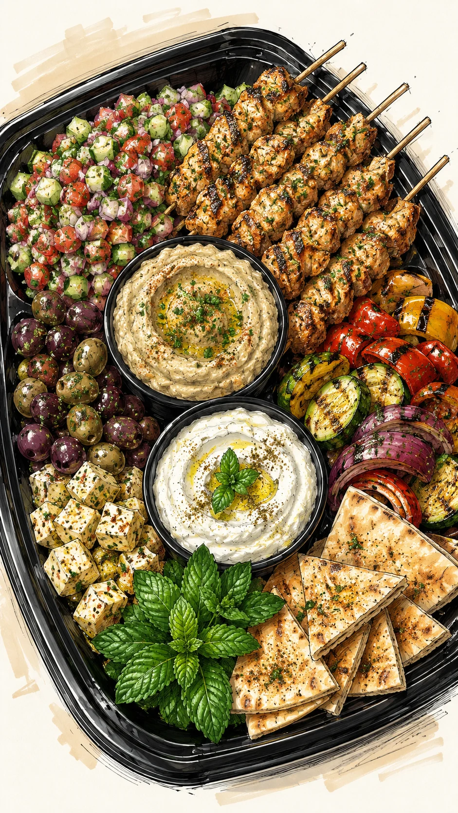 Persian Graze Tray — smoked eggplant dip, shallot labneh, marinated olives and herbed cheese, Shirazi salad, grilled vegetables, chicken kabob, and warm pita