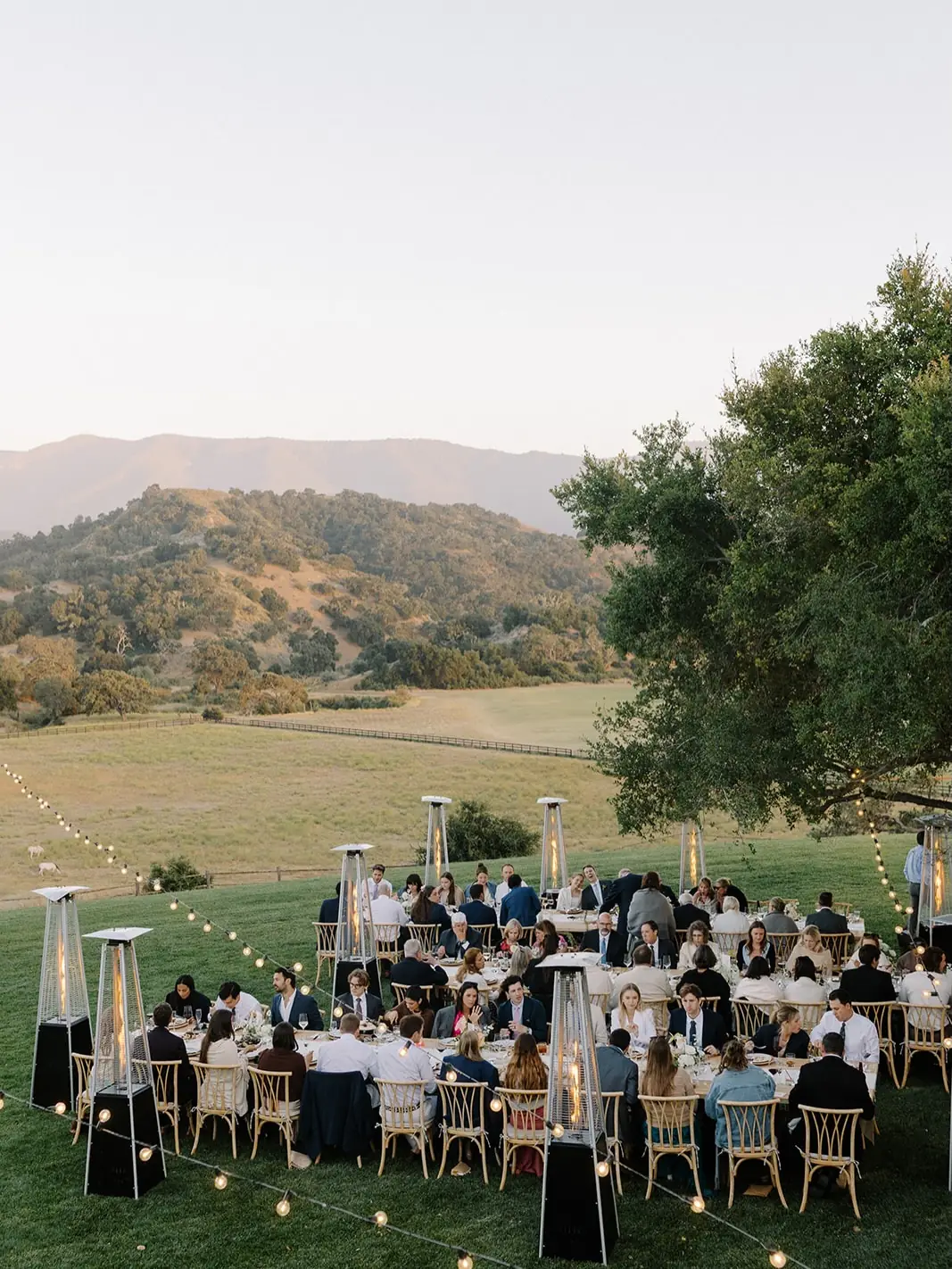 Guests dining on the lawn above the Happy Canyon hills at Piocho Ranch
