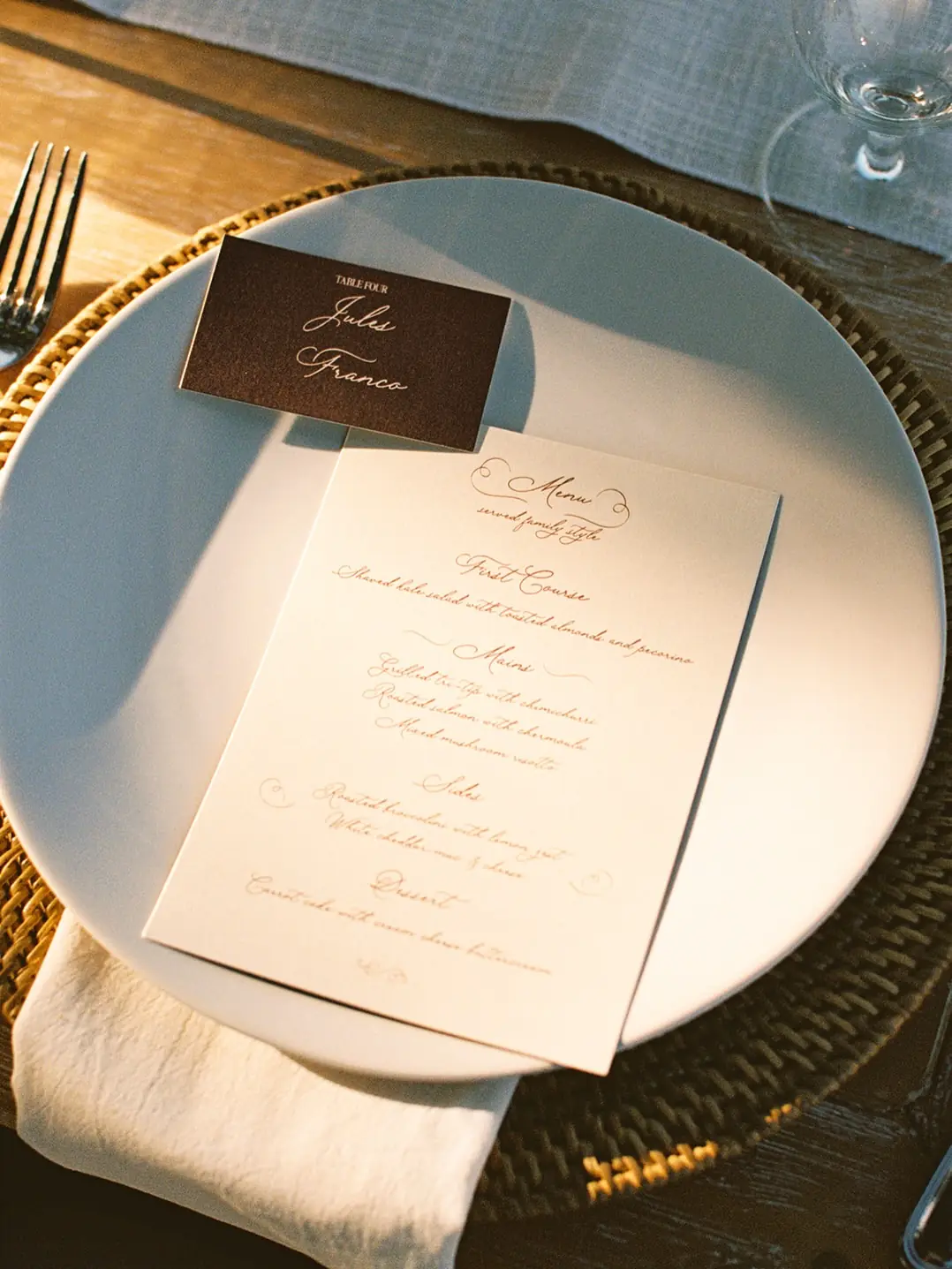 A printed menu card at a place setting at Piocho Ranch